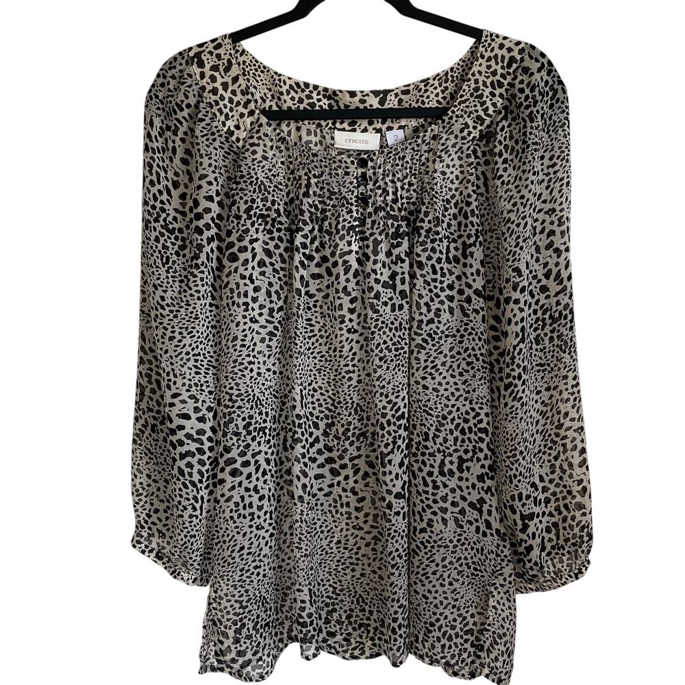 Chico's Semi-Sheer Blouse Top Sz L Animal Print Pintucks Buttons Long Sleeves